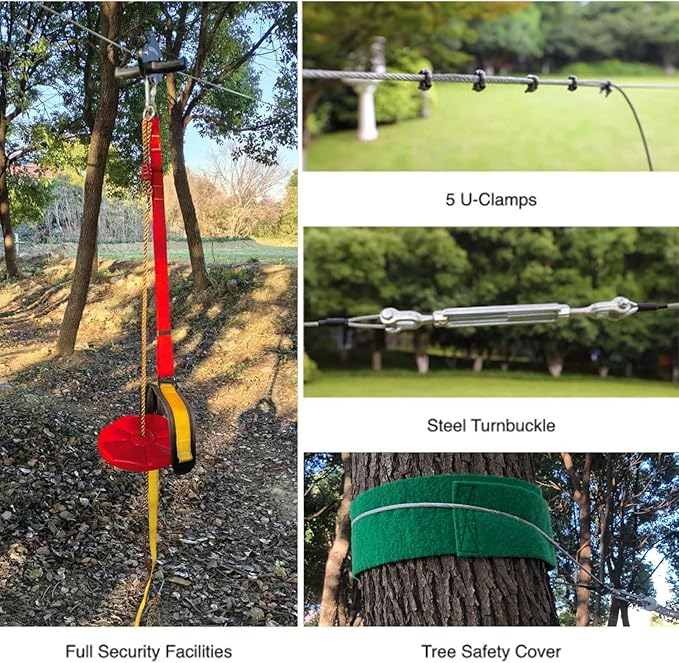 110/130/150/180ft Zipline Kit for Kids and Adults 350Lbs Backyard, Zip Line Stainless Steel Spring Brake, Adjustable Seat, Easy Installation Outdoor Adventure Equipment