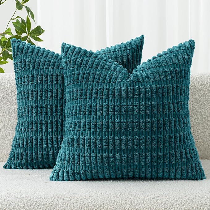 MIULEE Corduroy Decorative Throw Pillow Covers 20x20 Teal Pack of 2 | Soft Boho Striped Pillow Covers Modern Farmhouse Coastal Home Decor For Sofa Living Room Couch Bed