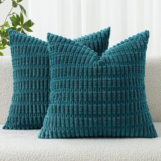 MIULEE Corduroy Decorative Throw Pillow Covers 18x18 Teal Pack of 2 | Soft Boho Striped Pillow Covers Modern Farmhouse Coastal Home Decor For Sofa Living Room Couch Bed