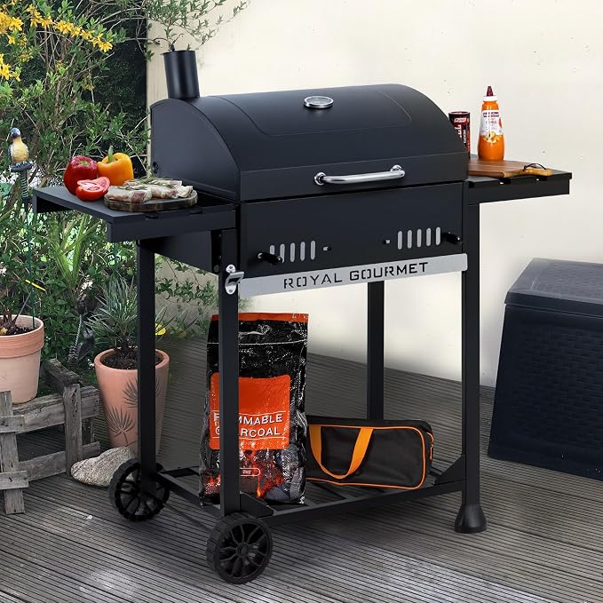 Royal Gourmet CD1824ET Movable Charcoal BBQ Grill with Foldable Side Tables | 24-Inch Outdoor Barbecue Grill with 461 Sq. In., Temperature-Controlled, for Outdoor Picnic and Camping Grilling, Black
