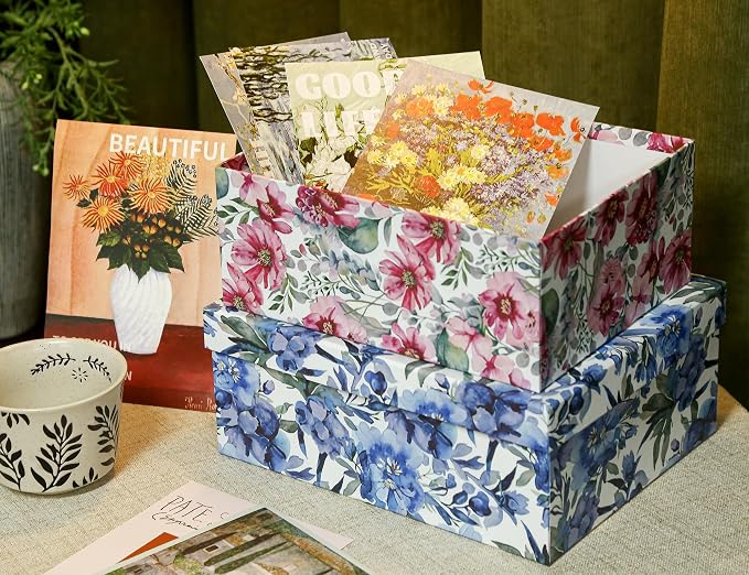 3-Piece Decorative Storage Boxes with Lids, Watercolor Floral Design Inspired by Garden Blooms, Cardboard Keepsake Box Set, Photo & Memory Storage for Home Decor and Modern Organization