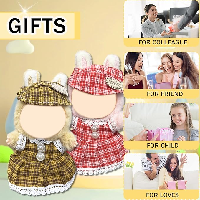 Doll Clothes for Labubu,Cute Outfit for 17cm Doll Clothe 2/3PCS Clothes and Hats Stylish Dolls Clothe for 17 cm Labubu,Casual Style Costumes for Labubu Dolls (Yellow red Plaid Set)