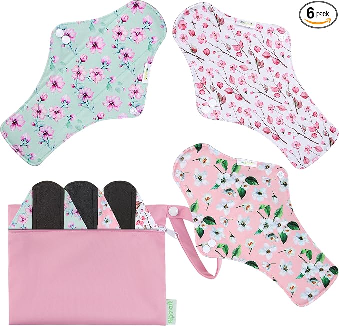 wegreeco Charcoal Reusable Menstrual Pads - Reusable Sanitary Pads | Reusable Panty Liners | Soft Cloth Menstrual Pads - 6 Pack with 1 Cloth Mini Wet Bag (X-Large, Cherry Blossoms)
