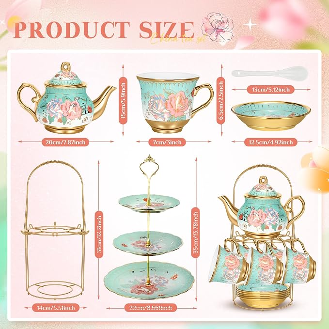 21 Pcs Ceramic Teapot Set Vintage Porcelain Tea Cups with Metal Holder and High Tier Cupcake Stand Saucers for Women Girls Farmhouse European Weddings Party Decor Gifts(Green,Summer)