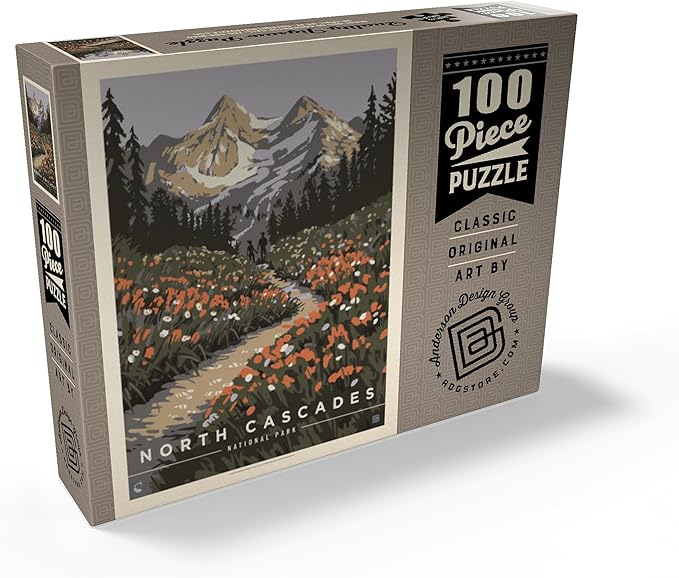 MyPuzzle North Cascades National Park: Summer Hike, Vintage Poster - Premium 100 Piece Jigsaw Puzzle for Adults