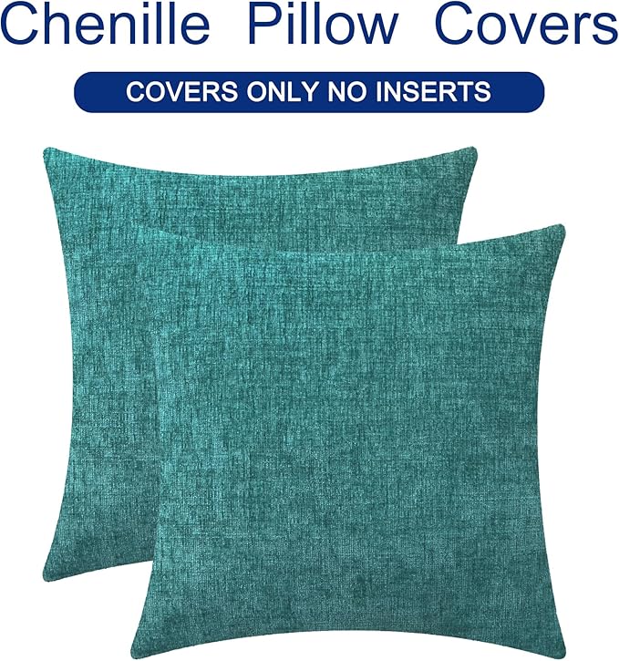 CaliTime Decorative Couch Throw Pillow Covers 16 X 16 Inches Teal | Pack of 2, Cozy Chenille Cushion Cases for Sofa Bed Living Room Farmhouse Home