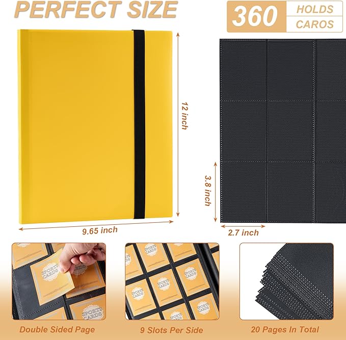 Card Binder 9 Pocket Storage 360 Card Binder,Trading Card Binder Senior and Sturdy Side-Loading Album,Intended For YuGiOh,MTG, TCG,Game Cards & Baseball Card Binde,（Yellow）