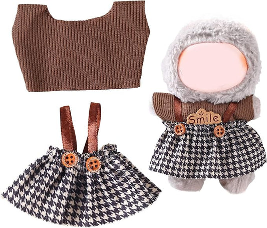 17cm Doll Clothes Set (No Doll) – Outfit with Hat & Overalls, Handmade Accessories for Mini Dolls, OB11-Compatible Dress-Up Gift (Retro Plaid Skirt)