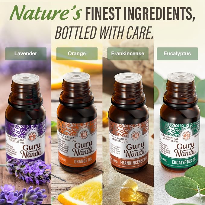 GuruNanda Essential Oils Set (Pack of 8 x 0.5 Fl Oz) - Pure, Natural Frankincense, Lavender, Eucalyptus & Orange Aromatherapy Oils for Diffusers, DIY & Home Use