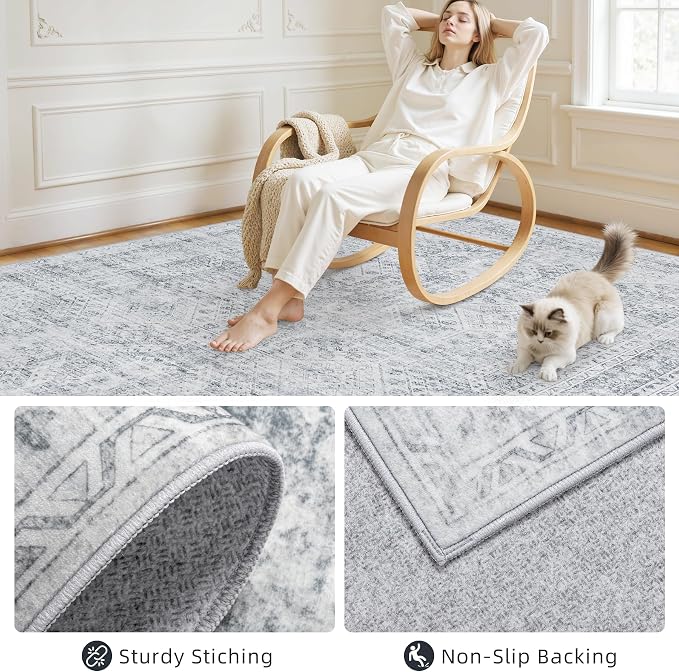 10x12 Area Rug for Living Room: Vintage Boho Neutral Washable Rug Indoor Soft Large Area Rug Carpet for Bedroom Nursery Farmhouse Dining Room Office Floor Non-Slip Low Pile Under Table Rug Gray