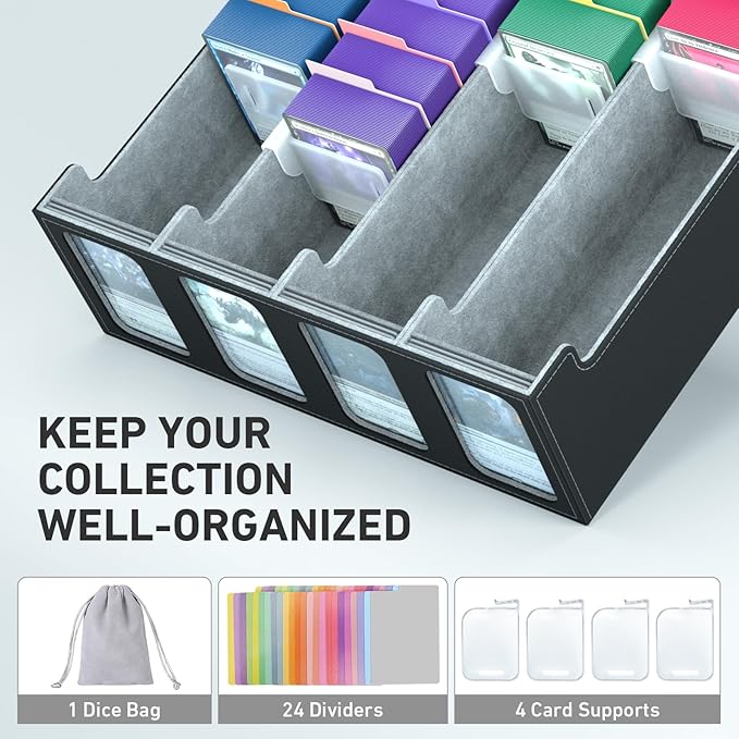 4-Row Trading Card Storage Box, Bulk Cards Case for 3200+ Mtg tcg Magic Playing Game Card Organizer, Commander Deck Box with 4 Supports & 24 Dividers & Strap