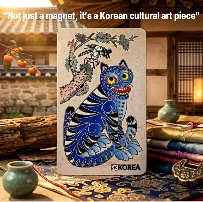 Korean Tiger & Magpie Minhwa Fridge Magnet – Premium Acrylic Refrigerator Magnet, Made in Korea Traditional Folk Art Souvenir, Cultural Gift Decor for Kitchen & Office (2.4 x 4 in)