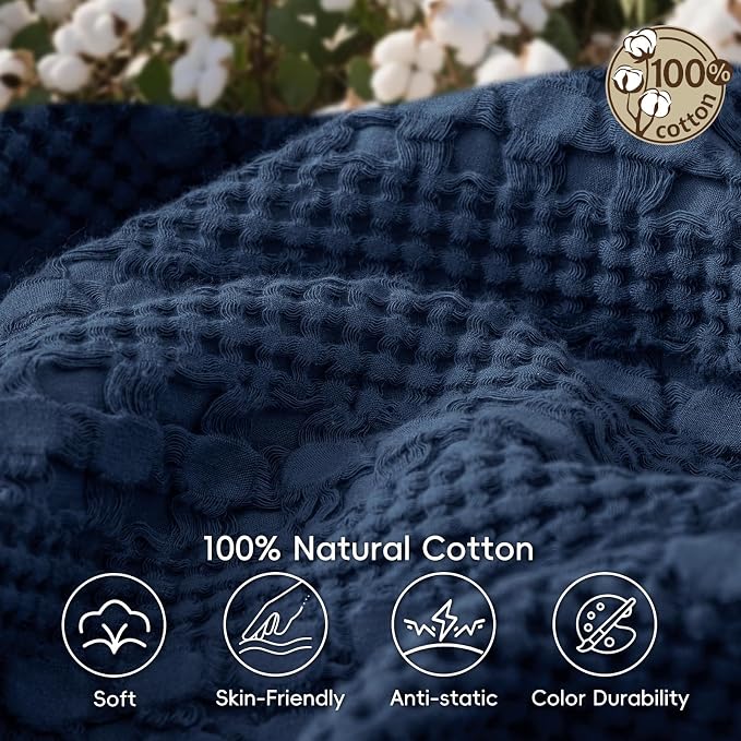 PHF 100% Cotton Waffle Weave Blanket King Size, Lightweight Breathable Summer Blanket for Hot Sleepers, Pre-Washed Soft Layer for Bed, Couch, Home Decor Gift, 108"x90", Blue Sapphire