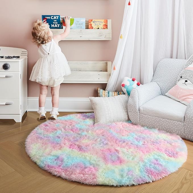Amdrebio Rainbow Fluffy Small Round Rug 3Ft Kids Rugs for Girls Bedroom, Unicorn Room Decor, Colorful Pastel Shag Carpet for Dorm, Soft Cute Fuzzy Kawaii Circle Area Rugs for Baby Nursery, Playroom