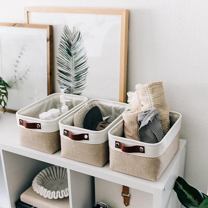 OrganiHaus 12x8in Canvas Storage Baskets, 3 Pack - Fabric Bins for Shelves | Vegan leather handles; a decorative pantry and office organizer, container for desk and books