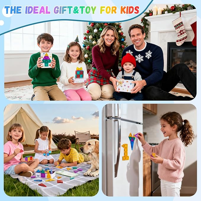 Magnetic Tiles 56pcs Travel Toys for Kids Toddlers, MINI Magnetic Building Blocks Set with Iron Box Base, Magnet Game, Plane Activities, Christmas Birthday Gifts for 3+ Years Girls Boys