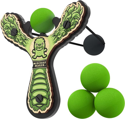 Mischief Maker® Wooden Slingshot - Lil’ Monster Series - Real Wood Slingshot for Kids, 4 Soft Foam Balls and Storage Bag - Ages 4+ (Green)