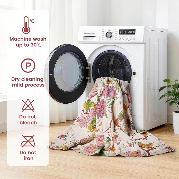 MSGKV Boho Throw Blanket 50"x60" Cotton Bird Blanket for Couch Bed Decor | 100% Cotton Throw, Chinoiserie Floral Bird, Reversible Blanket, Summer Decor, Road Trip Blanket, Machine Washable