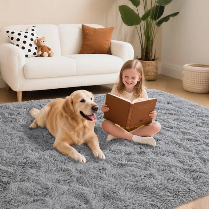 9x12 ft Light Grey Rug for Living Room Fluffy Bedroom Rug Non-Slip Area Rugs Shag Carpet for Nursery Kids Play Room Dorm Office Indoor Modern Plush Carpets Boys