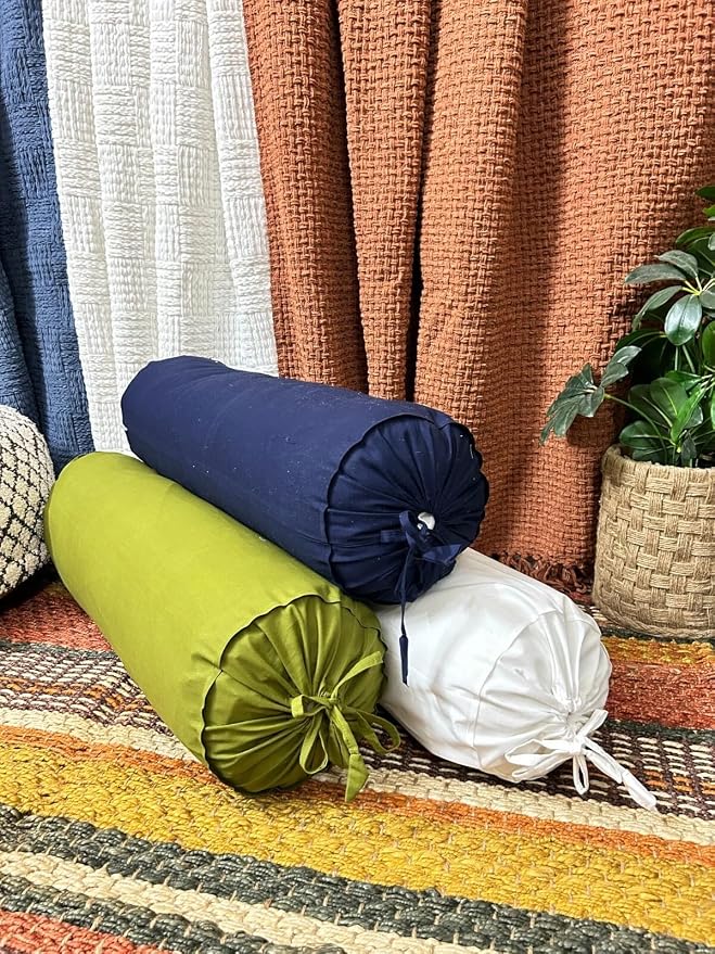 Round Pillow Cover Cervical Neck Roll Cotton Bolster Pillowcase for Cylindrical Cushion and Drawstring Closure Round Neck Pillowcase 6" x 18" (15 x 45 cm) Navy Blue
