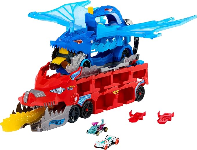 Hot Wheels City Toy Car Track Set, Ultimate Dual Dragon Transporter & 2 Die-Cast Cars, Large-Scale Dragon & Detachable Dragon, Stores 20+ Vehicles