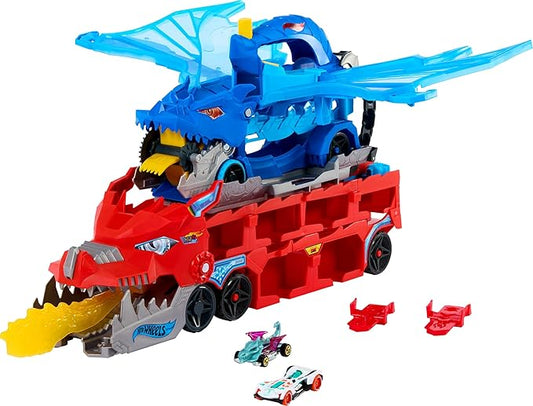 Hot Wheels City Toy Car Track Set, Ultimate Dual Dragon Transporter & 2 Die-Cast Cars, Large-Scale Dragon & Detachable Dragon, Stores 20+ Vehicles