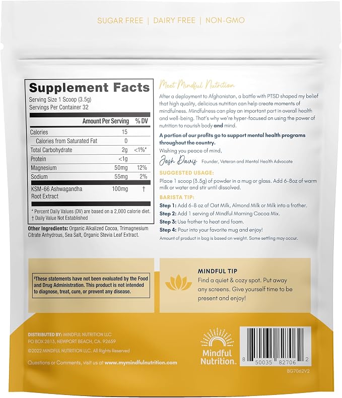 Mindful Morning Sugar Free Hot Chocolate Mix with Organic Ashwagandha and Magnesium Supplements to Relax the Mood and Calm the Mind, Natural Stress Relief Supplement Hot Cocoa