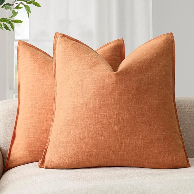 Foindtower Pack of 2, Decorative Linen Solid Throw Pillow Covers Soft Accent Euro Cushion Case Farmhouse Neutral Pillowcase for Chair Couch Sofa Bed Living Room Home Decor 18 x 18 Inch Dusty Orange
