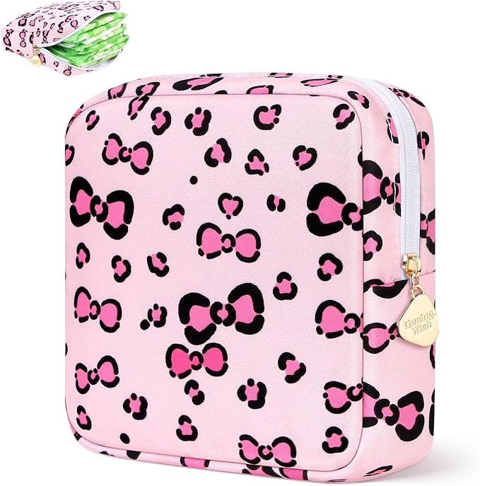 Sanitary Pad Storage Bag Portable Period Bag for Teen Pads/Sanitary Napkins/Small Tampons, Sanitary Napkin Storage Bag First Period Gifts for Teen Girls (Leopard Print Bowknot)
