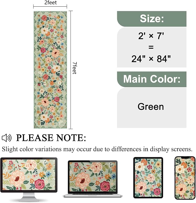 DUKINO 2x7 Runner Rug for Hallway, Washable Runner Rug Non Slip, Green | Low Pile, Soft Indoor Carpet Runner for Kitchen, Bedroom, Bathroom, Entryway, Laundry, Pet Friendly, Home Decor, Lightweight
