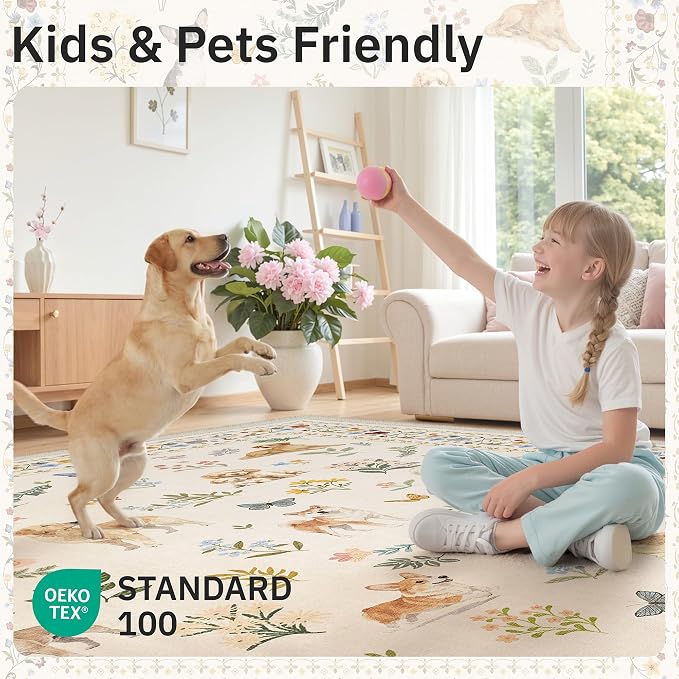 Soalmost Dog 9x12 Area Rugs for Living Room, Washable Animal Soft Rug Beige | Floral Vintage Non-Slip Low Pile Cute Throw Large Rugs for Classroom Bedroom Dining Room Nursery Playroom 9' x 12'