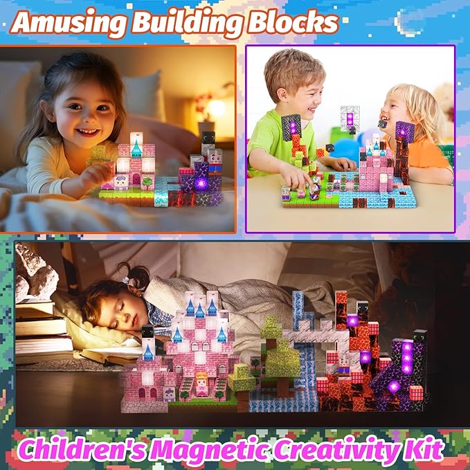 100PCS Magnetic Blocks with Light Up for Kids, 1-inch Rechargeable Magnet Construction Tiles with Princess Castle Theme, Building Toy Birthday Gifts for Boys Girls Age 3+ Years Old