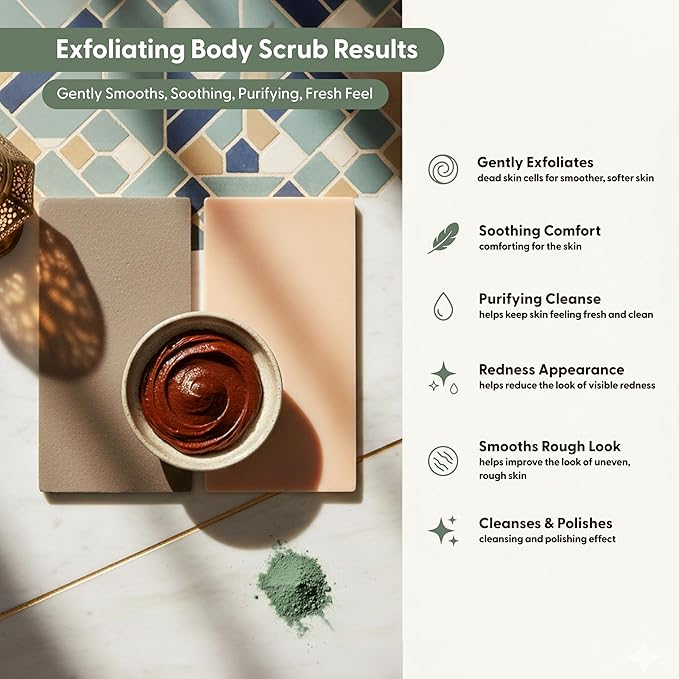 Moroccan Tebrima Herbal Exfoliating Body Scrub Powder | Natural Body Exfoliator for Women & Men, Gentle Bikini Exfoliating Scrub with Nila, Henna, Rose & White Clay for Smooth, Glowing Skin