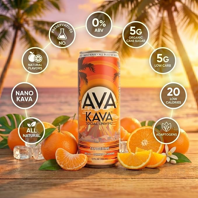 AVA Kava | Alcohol-Free Relaxation Drink | Tangerine | Fast Acting Nano Kava • Zero Sugar Alcohols • Vegan • Plant Based • No Preservatives • Natural Flavors • Non GMO • Gluten Free | 12oz Cans (6-Pack)