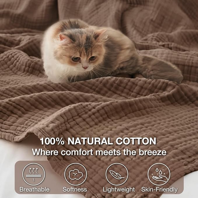 100% Cotton Muslin Blanket Large 50"x 70", Breathable and Lightweight Cotton Throw Blanket for Bed and Couch, Soft Cooling Summer Gauze Blanket for Adults All Season, Linen Brown