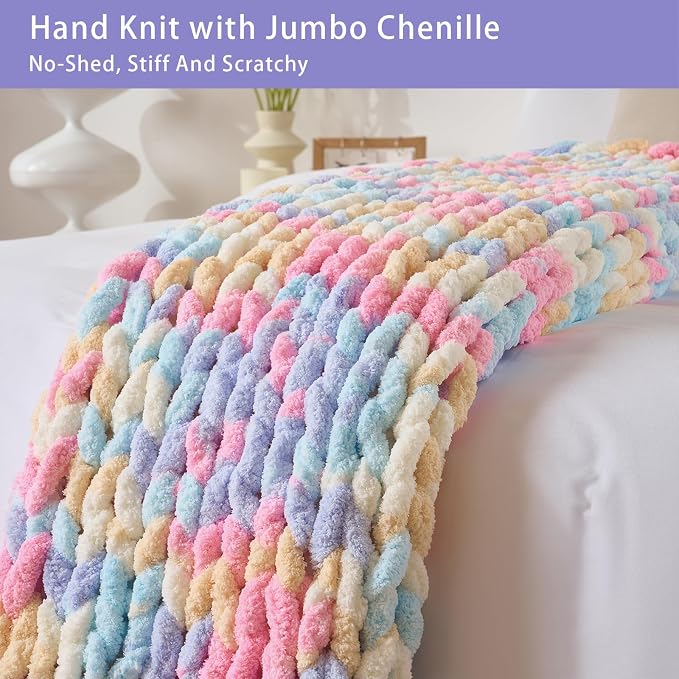 Bigacogo Chunky Knit Throw Blanket for Couch, 51x63 inches, PastelDreamMix | Hand Knit with Jumbo Chenille, Soft Breathable Cable Knit for Sofa Bed Living Room, Machine Washable, Gift for Mom Friend