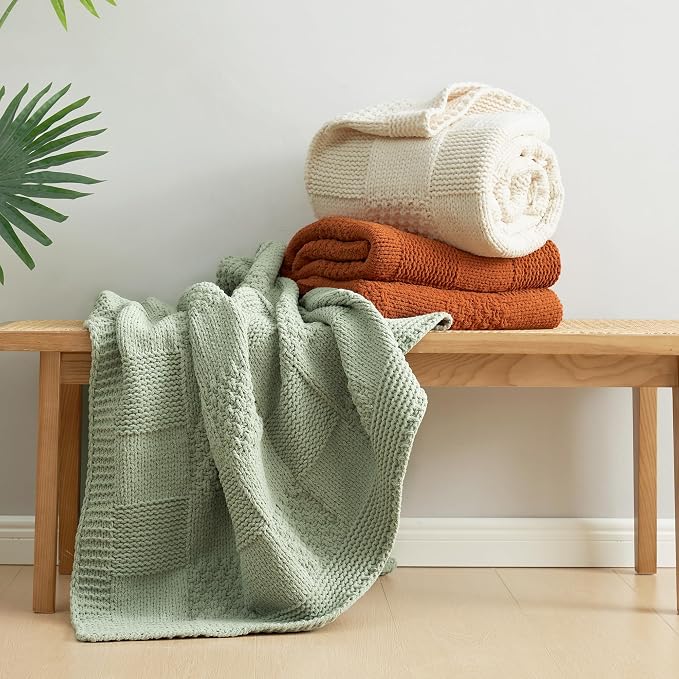 Knit Throw Blanket, Soft Chenille Cozy Breathable Checkered Chunky Decorative Blanket for Couch, Bed & Sofa, French-Inspired Lightweight Warm Gift for Women, Ivory, 60"x80"