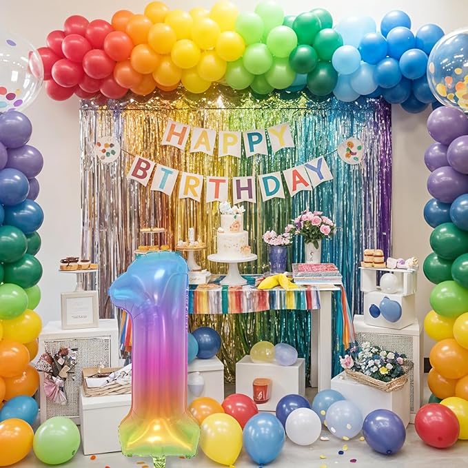 Big Number 1 Balloons, Rainbow Multicolor Foil 1 Balloon Numbers 40 Inch, Giant 1st Birthday Party Decor, Mylar Helium Self Inflating Colorful Jelly One Balloon for Girls Kids Baby Shower Decorations