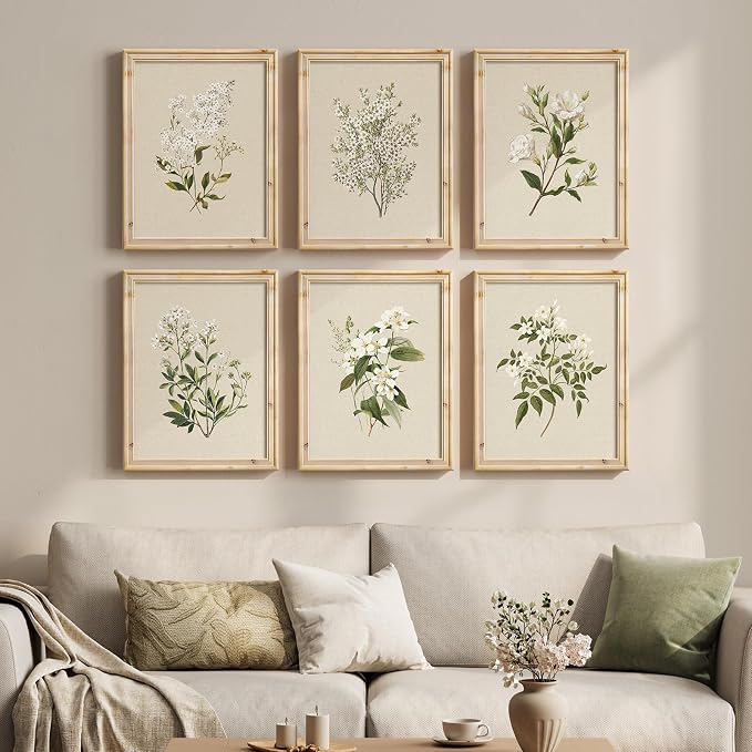 Framed Vintage Botanical Floral Wall Art for Living Room, 6 Piece 11x14 In | Neutral flower pictures, Retro wood frame, Canvas prints, Wall decor for living room bedroom hallway, Gallery wall art sets