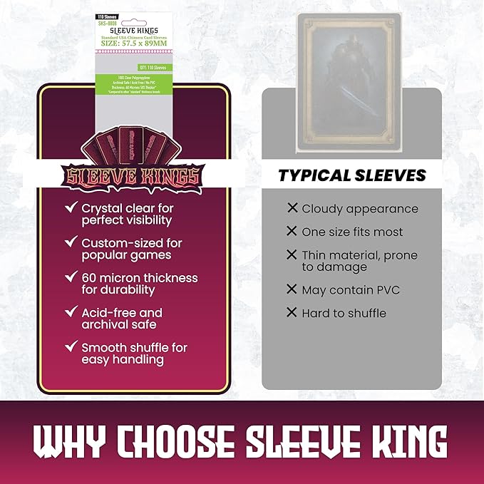 Sleeve Kings Standard Card Sleeves – 110 Count, Clear 60 Micron Thickness, Medium Size (57.5 x 89 mm), Compatible with Wingspan & More – SKU: SKS-8808
