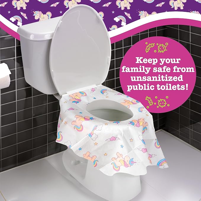 Potty Shields Toilet Seat Covers Disposable (40 pk, Unicorns) - XL Waterproof Toilet Cover for Toddlers, Kids & Adults - Portable & Individually Wrapped for Travel, Potty Training, Public Restrooms