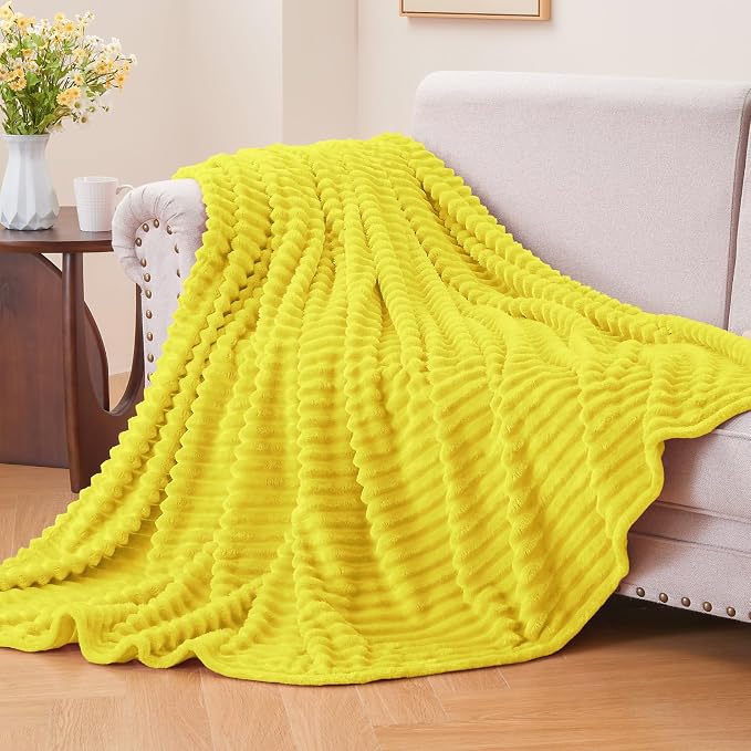 BEDELITE Ribbed Jacquard Yellow Fleece Throw Blanket for Couch, 50x60 Inch | Soft Warm Decorative Fluffy Blanket, Cozy Plush Lightweight Fuzzy Throw Blanket for Bed Sofa Home Room Decor, Gift for Women