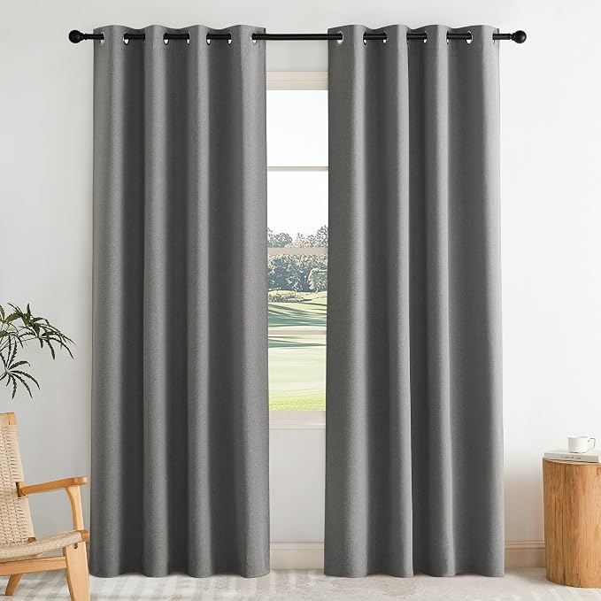NICETOWN Grey Faux Linen Full Shade Panels for Living Room, 52" Wide x 90" Long, Pair of Thermal Insulated & Energy Efficiency Blackout Curtains for Bedroom/Living Room, Firm-Weave Window Dressing