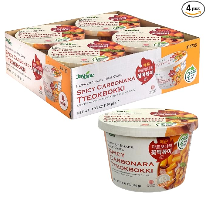 Jayone Cup Tteokbokki, Korean Rice Cake Street Food Snack, Quick & Easy to Cook, Microwavable, Moderately Spicy Carbonara Sauce (4 Cups)