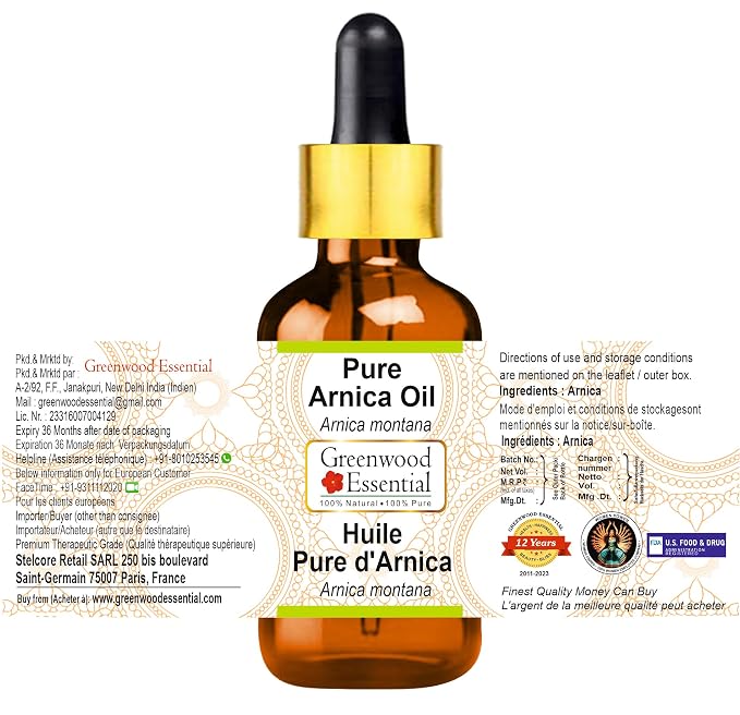 Greenwood Essential Arnica Oil (Arnica montana) with Glass Dropper | Infused | Pure | Non-Sticky | Lightweight | For Massage Preparations | Natural | Ayurvedic | Unisex | All Skin Types |5ml (0.16 oz)