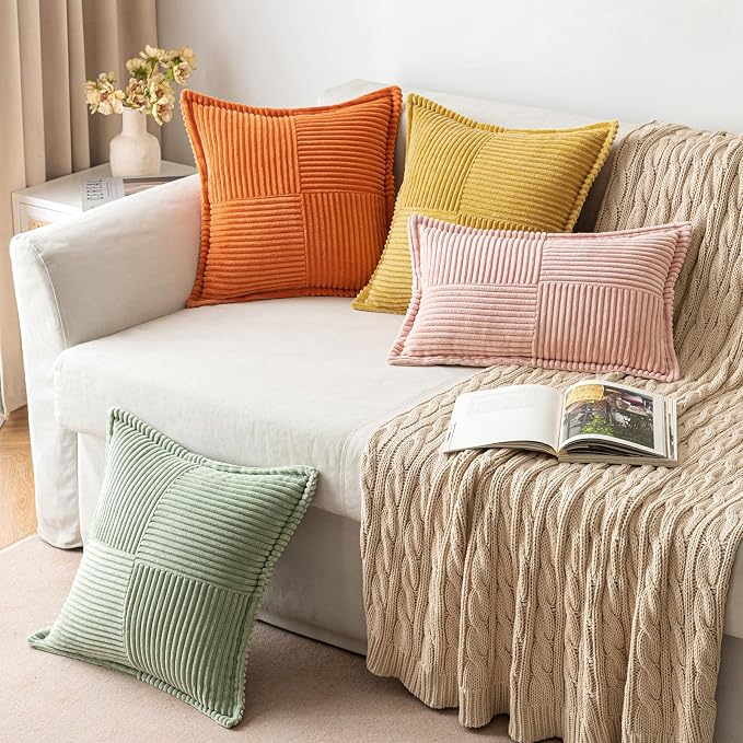 MIULEE Fall Orange Decorative Throw Pillow Covers for Couch 20x20 Inch | 2 Pack, Boho Broadside Striped Patchwork Pillow Covers, Soft Corduroy Cushion Cases, For Sofa Bed Livingroom Home Decor