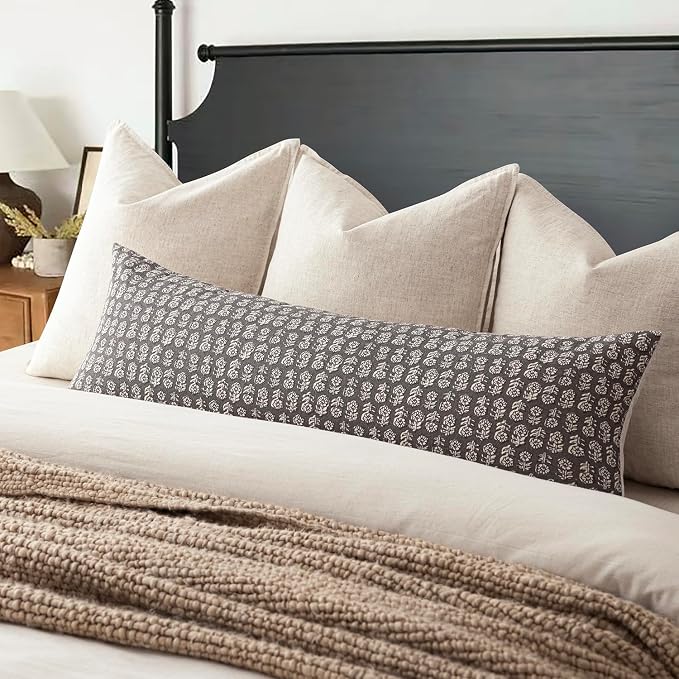 Foindtower Set of 2 Decorative Vintage Long Lumbar Throw Pillow Covers Neutral Modern Farmhouse Cushion Covers Floral Home Decor for Sofa Couch Chair Bedroom Living Room,14×36 Inch,Rustic Gray