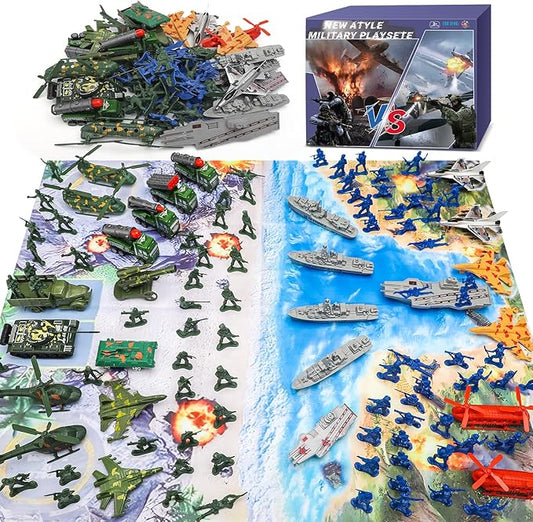Army Men Playset - Large Set Including Army Men Action Figures, Battle Mat, Army and Navy Weapon Gear Accessories, Military Combat Toys, Army Toys for Boys Age 4-12