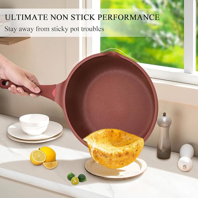 Vinchef 12" Terracotta Nonstick Ceramic Red Frying Pan, 5.5Qt | Red/terracotta German 3C+ toxin-free ceramic PFOA-free. Induction/gas compatible. Heat indicator handle. Lightweight die-cast