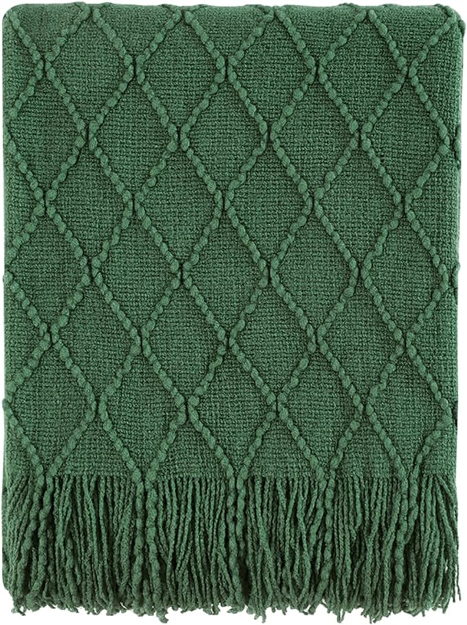BOURINA Green Throw Blanket 50x60 Inch Boho Knitted Soft Throw Sofa Blanket | Knitted Throw Blanket 50x60 Inches, Soft Lightweight Boho Weave Throw Decorative Couch Blanket for Living Room Bedroom Chair